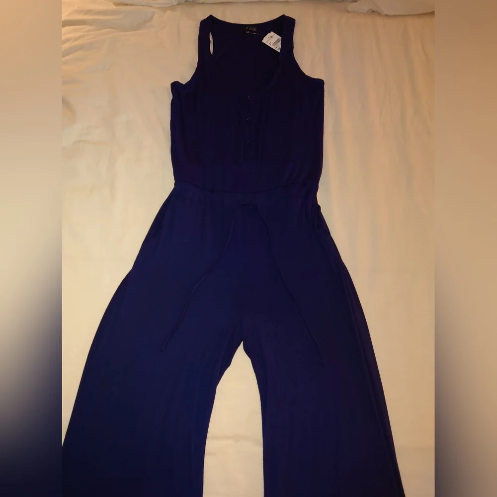 NWT Navy Blue NELL COUTURE Soft Jersey Knit Drawstring Racerback Jumpsuit XS 2 - Picture 7 of 14